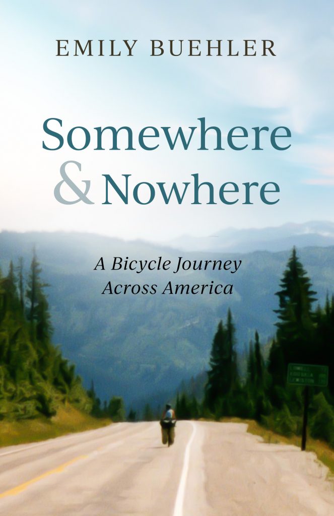 cover of book "Somewhere and Nowhere" showing bicycle on road in mountains