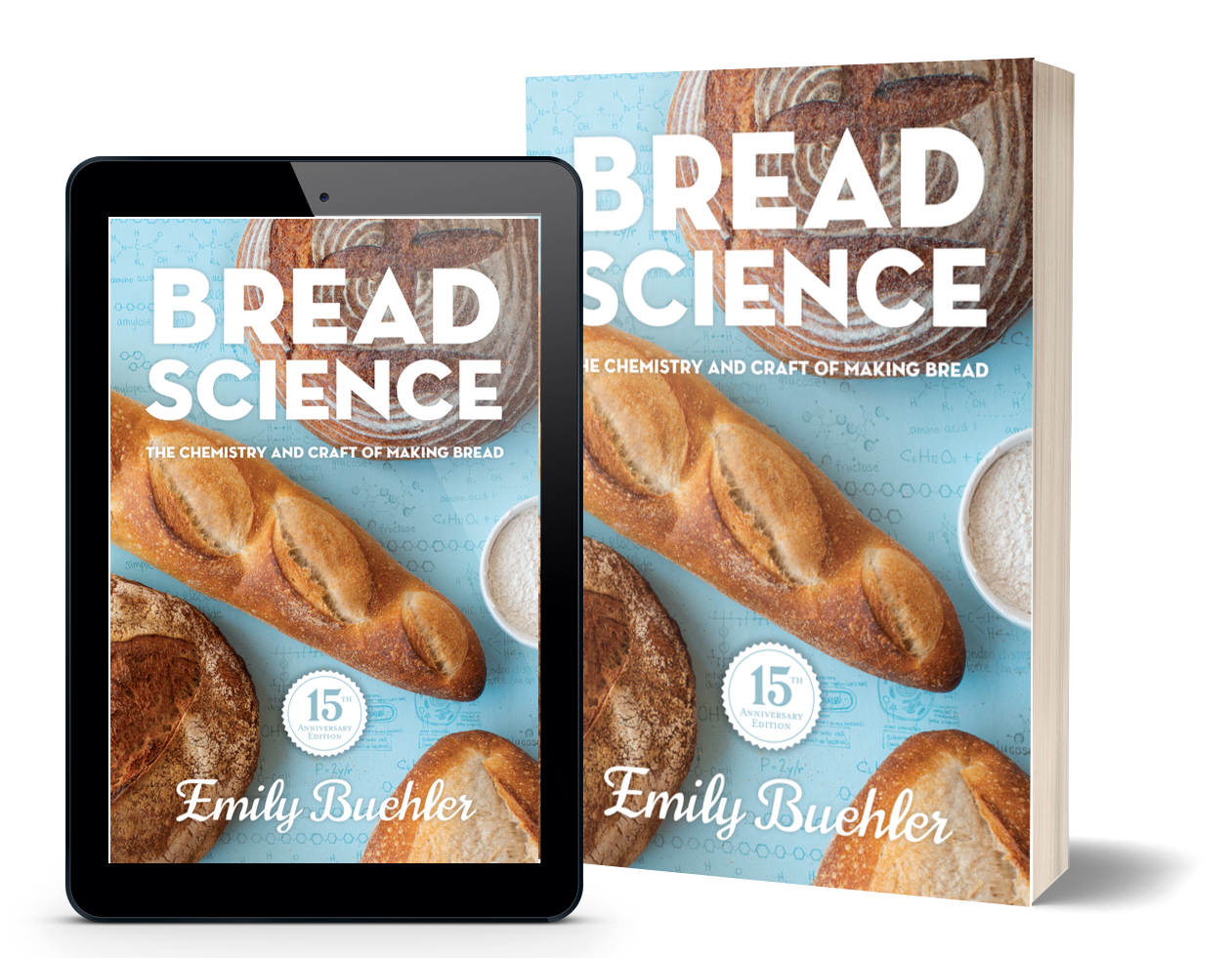 cover of 15th anniversary Bread Science on tablet and paperback